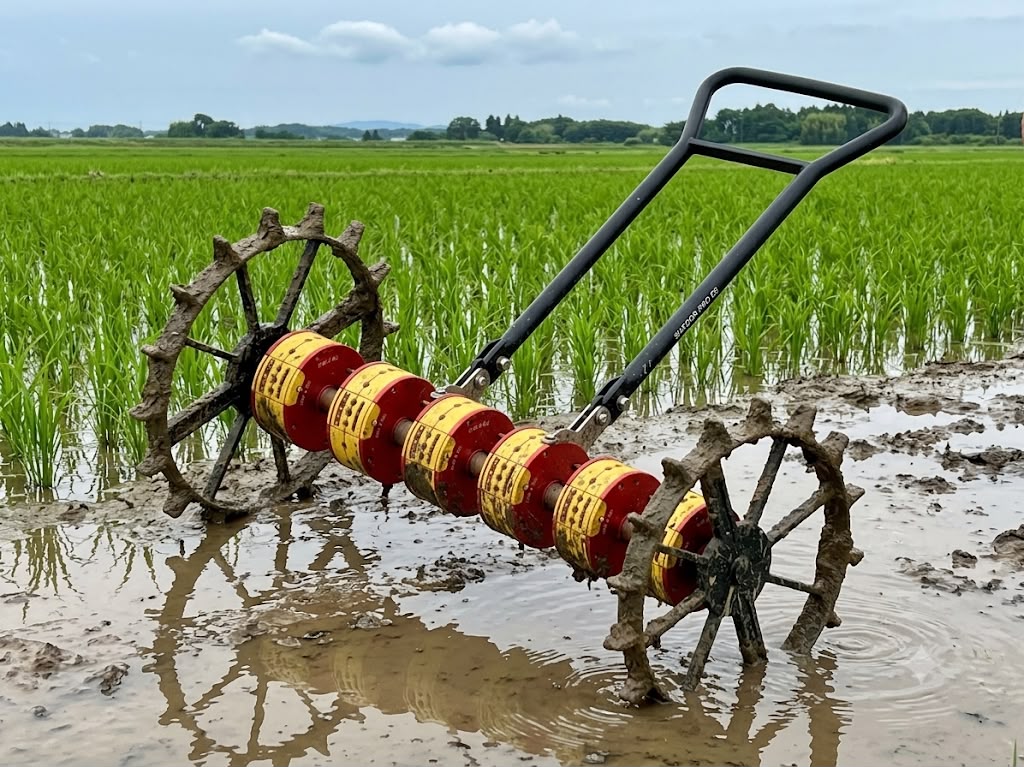 PASUMAI multi-crop seeder standing in a green field at sunrise
